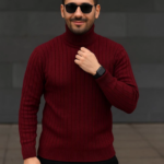 Erkek Balıkcı Yaka Bağazlı Triko Kazak Pamuklu Kalın Fitilli Dokuma Regular Fit - Bordo