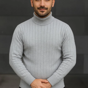 Erkek Balıkcı Yaka Bağazlı Triko Kazak Pamuklu Kalın Fitilli Dokuma Regular Fit Uzun - Gri