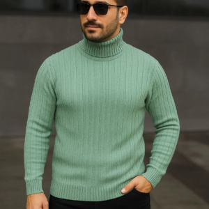 Erkek Balıkcı Yaka Bağazlı Triko Kazak Pamuklu Kalın Fitilli Dokuma Regular - Mint Yeşili