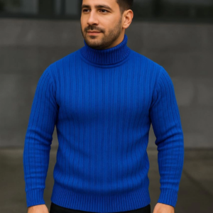 Erkek Balıkcı Yaka Bağazlı Triko Kazak Pamuklu Kalın Fitilli Dokuma Regular - Saks Mavisi