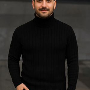 Erkek Balıkcı Yaka Bağazlı Triko Kazak Pamuklu Kalın Fitilli Dokuma Regular Fit - Siyah