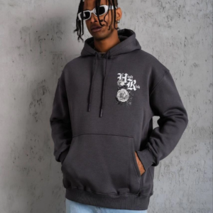 Erkek Baskılı Kapşonlu Sweat - Füme