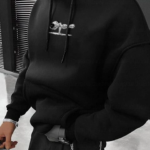 Erkek Baskılı Kapüşonlu ve Kordon İpli Sweat - Siyah