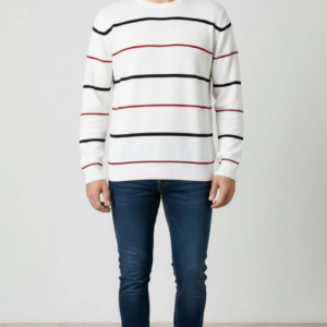 Erkek Bisiklet Yaka Cizgili Triko Kazak yumuşak dokulu Pamuklu ince Dokuma uzun - Beyaz