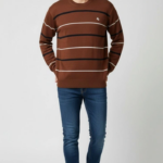 Erkek Bisiklet Yaka Cizgili Triko Kazak yumuşak dokulu Pamuklu ince Dokuma - Kahverengi