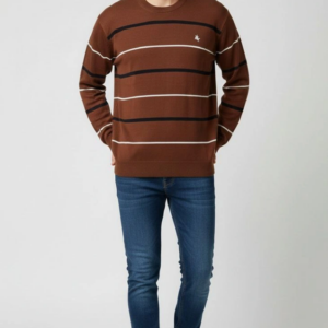 Erkek Bisiklet Yaka Cizgili Triko Kazak yumuşak dokulu Pamuklu ince Dokuma - Kahverengi