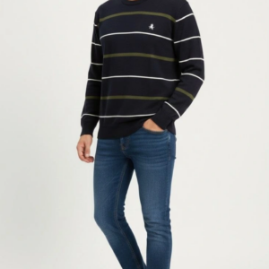 Erkek Bisiklet Yaka Cizgili Triko Kazak yumuşak dokulu Pamuklu ince Dokuma uzun - Lacivert