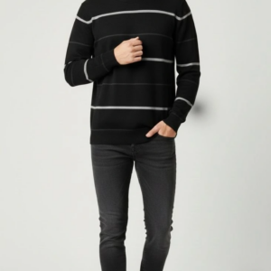 Erkek Bisiklet Yaka Cizgili Triko Kazak yumuşak dokulu Pamuklu ince Dokuma uzun - Siyah