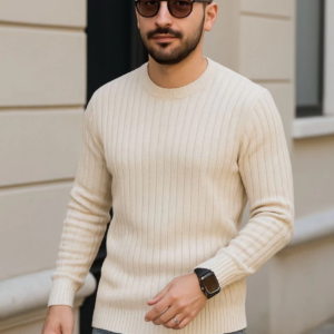 Erkek Bisiklet Yuvarlak Yaka Triko Kazak Pamuklu Kalın Fitilli Dokuma Regular Fit - Bej