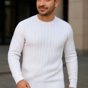 Erkek Bisiklet Yuvarlak Yaka Triko Kazak Pamuklu Kalın Fitilli Dokuma Regular Fit - Beyaz