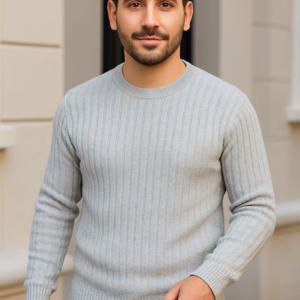 Erkek Bisiklet Yuvarlak Yaka Triko Kazak Pamuklu Kalın Fitilli Dokuma Regular Fit - Gri