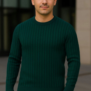 Erkek Bisiklet Yuvarlak Yaka Triko Kazak Pamuklu Kalın Fitilli Dokuma Regular Fit - Haki