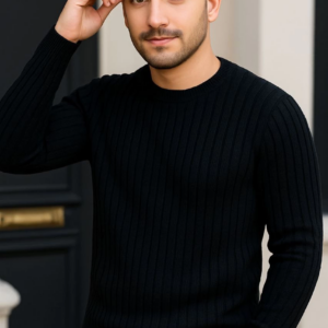 Erkek Bisiklet Yuvarlak Yaka Triko Kazak Pamuklu Kalın Fitilli Dokuma Regular Fit - Siyah