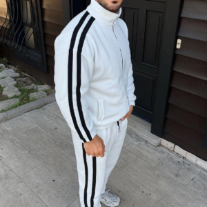 Erkek Çift Şeritli Eşofman Takım Dik Yaka Fermuarlı Sweatshirt Boru Paça Alt - Beyaz