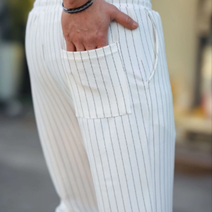 Erkek Cizgili Dokuma Krep Jogger Buggy Pantalon Rahat kalıp - Beyaz