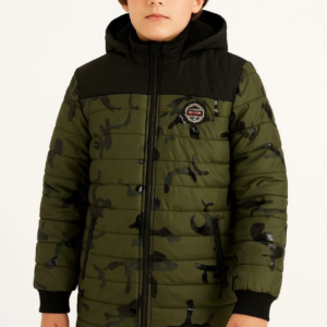 Erkek Çocuk Kamuflaj Desenli Mont İçi Sıcak Tutan Pelüş Astarlı Kapüşonlu Fermuarlı - Haki