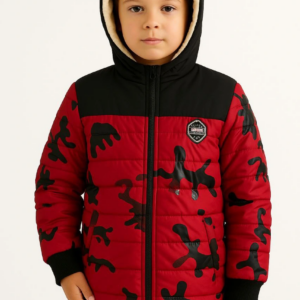 Erkek Çocuk Kamuflaj Desenli Mont İçi Sıcak Tutan Pelüş Astarlı Kapüşonlu - Kırmızı