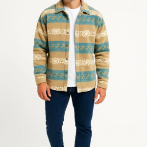 Erkek Desenli Polar Gömlek Etnik Şerit Desen Yakalı Uzun Kollu Düğmeli Oversize - Sarı