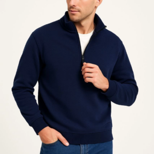 Erkek Dik Yaka Sweatshirt Dik Yaka Yarım Fermuarlı 3 İplik Şardonlu Pamuk Kumaş - Lacivert