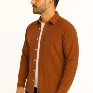 Erkek Fitilli Kadife Cepli Gömlek Oversize Rahat Kalıp - Kahverengi