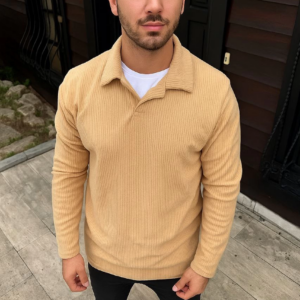 Erkek Fitilli Polar Sweatshirt Düğmesiz Polo Yaka Oversize Kalıp Kalın Polar ve - Bej