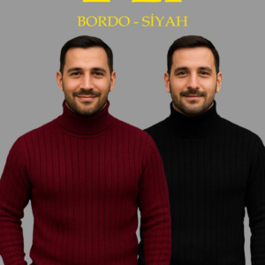 Erkek Fitilli Triko Kazak 2'li Set Bordo Siyah Regular Balıkcı Yaka Tam Boğazlı Triko Seti
