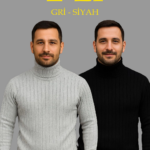 Erkek Fitilli Triko Kazak 2'li Set Gri Siyah Regular Balıkcı Yaka Tam Boğazlı Triko Seti