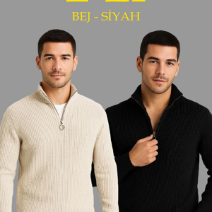 Erkek Fitilli Triko Kazak 2’li Set Siyah Bej Kalın Dokuma Pamuklu Regular Fit V Yaka