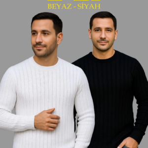 Erkek Fitilli Triko Kazak 2’li Set Siyah Beyaz Kalın Dokuma Pamuklu Regular Fit Bisiklet