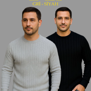 Erkek Fitilli Triko Kazak 2’li Set Siyah Gri Kalın Dokuma Pamuklu Regular Fit Bisiklet
