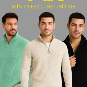 Erkek Fitilli Triko Kazak 3’lü Set Mint Yeşili Siyah Bej Kalın Dokuma Pamuklu Regular Fit