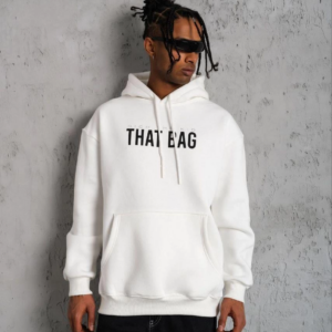 Erkek Kanguru Cep Baskılı Kapüşonlu Sweatshirt - Beyaz