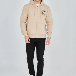 Erkek Kapüşonlu Baskılı Fermuarlı Hırka - Bej