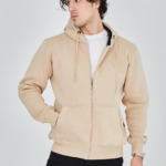 Erkek Kapüşonlu Düz Fermuarlı Hırka - Bej