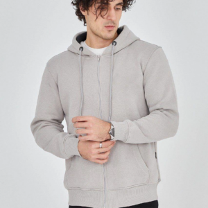 Erkek Kapüşonlu Düz Fermuarlı Hırka - Boyalı Gri