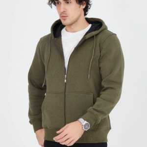 Erkek Kapüşonlu Düz Fermuarlı Hırka - Yeşil