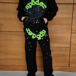 Erkek Kapüşonlu Eşofman Takım Örümcek Ağı ve Neon Yeşil Baskılı Kanguru cepli - Siyah