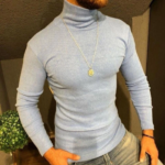 Erkek Kaşkorse Boğazlı Full Likralı Fitilli Body Kazak - Gri