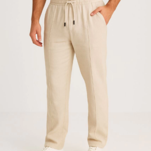 Erkek Keten Pantolon Cepli Beli Lastikli Bağcıklı Nefes Alan Kalıp Baharlık Giyim - Bej