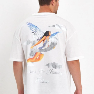 Erkek Melek Baskılı Oversize T-shirt - Beyaz
