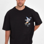 Erkek Melek Baskılı Oversize T-shirt - Siyah