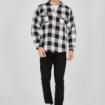 Erkek Oduncu Gömlek Uzun Kollu Şardonlu Kareli Desen Regular Fit Manşetli Çift - Siyah