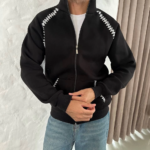 Erkek Oversize Dik Yaka Fermuarlı Sweatshirt - Zincir Nakışli Kanguru Cepli - Siyah