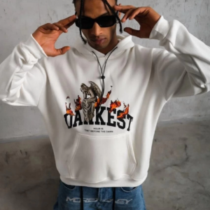 Erkek Oversize Kapüşonlu Sweatshirt Beyaz Üç İplik İçi Pamuklu Kanguru Cepli - Beyaz