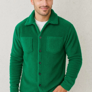 Erkek Pelüş Polar Hırka Gömlek Yakalı İlik Düğmeli Göğüs Cepli Yumuşak - Çimen Yeşili