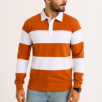 Erkek Polo Yaka Uzun Kollu Çizgili Sweatshirt Trend Rugby Stil - Turuncu