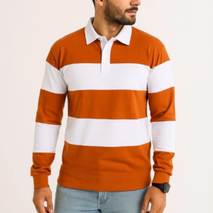 Erkek Polo Yaka Uzun Kollu Çizgili Sweatshirt Trend Rugby Stil - Turuncu