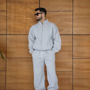 Erkek Premium Parçalı Eşofman Takım - Dik Yaka Fermuarlı Biyeli Sweatshirt Lastik - Gri