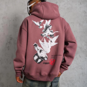 Erkek Şapkalı Güvercin Baskılı Kapşonlu Sweat - Gül Kurusu