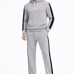 Erkek Şeritli Eşofman Takım Kapüşonlu Sweatshirt Boru Paça Alt, Oversize 3 iplik Pamuklu - Gri